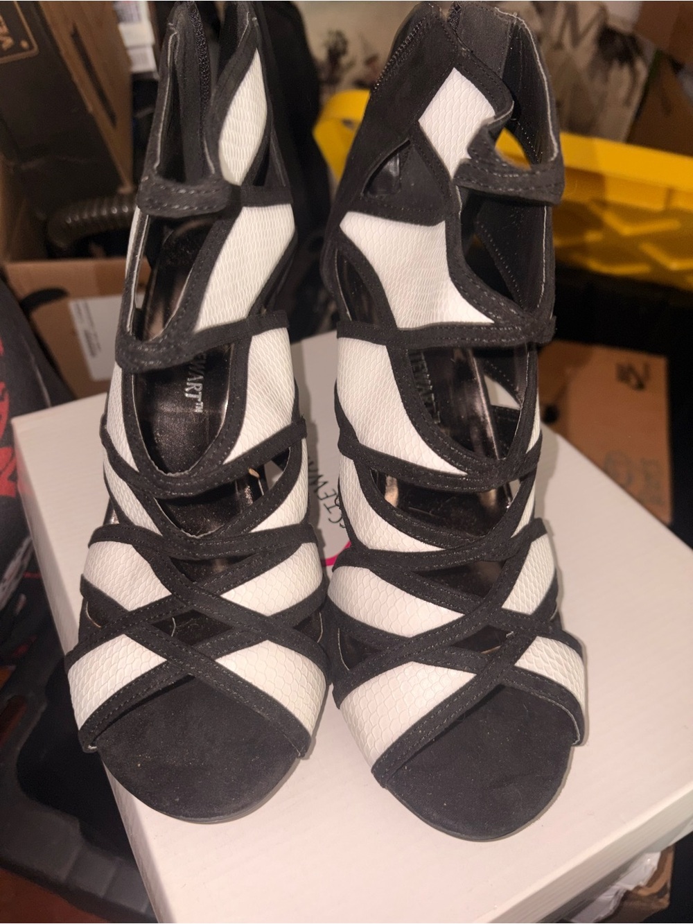 Ashley Stewart Black and White Strappy Cutout Heels